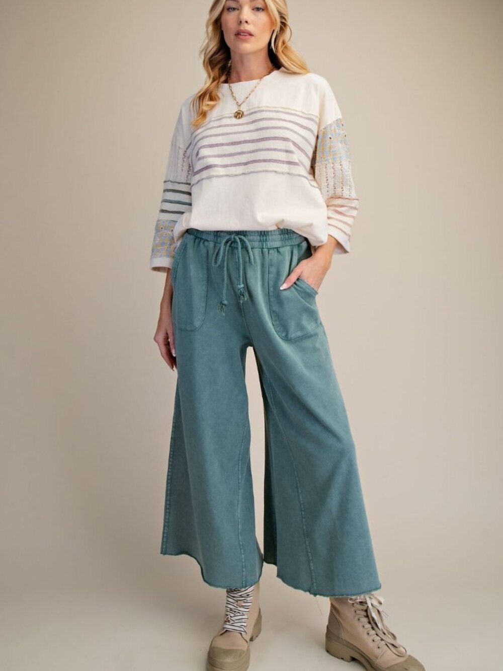 EASEL WASHED TERRY KNIT WIDE PANTS 100% COTTON